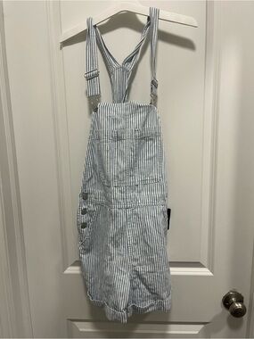 Lucky Brand Blue White Pin Stripes Overall Shorts Xs NWT- See Pics For Spots